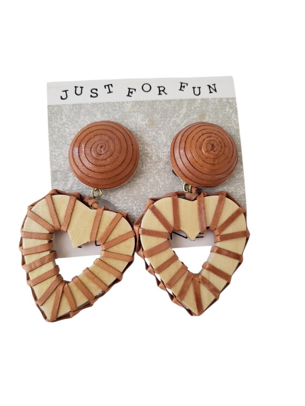 Vintage Just For Fun Leather Wood Heart Earrings